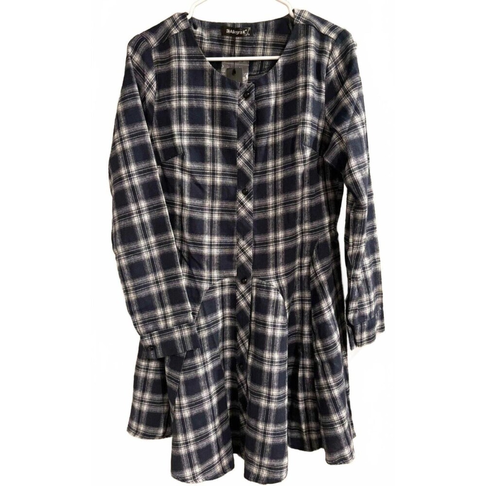 Allegra K Dark Academia Plaid Dress Navy Blue Button Front Flare Size S Casual
